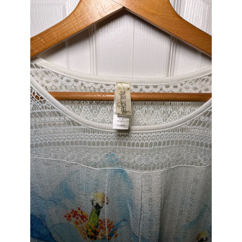Endless Designs Floral Crochet Fringe Top Womens XL Blue Boho Lightweight